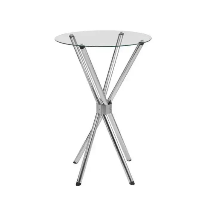 Mesa bistrô cromada com tampo de vidro e banquetas em inox